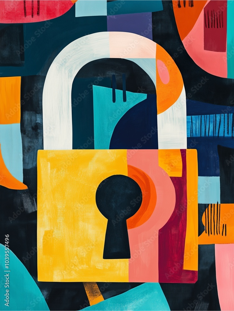Poster padlock icon with key, secure symbol for web design and internet safety