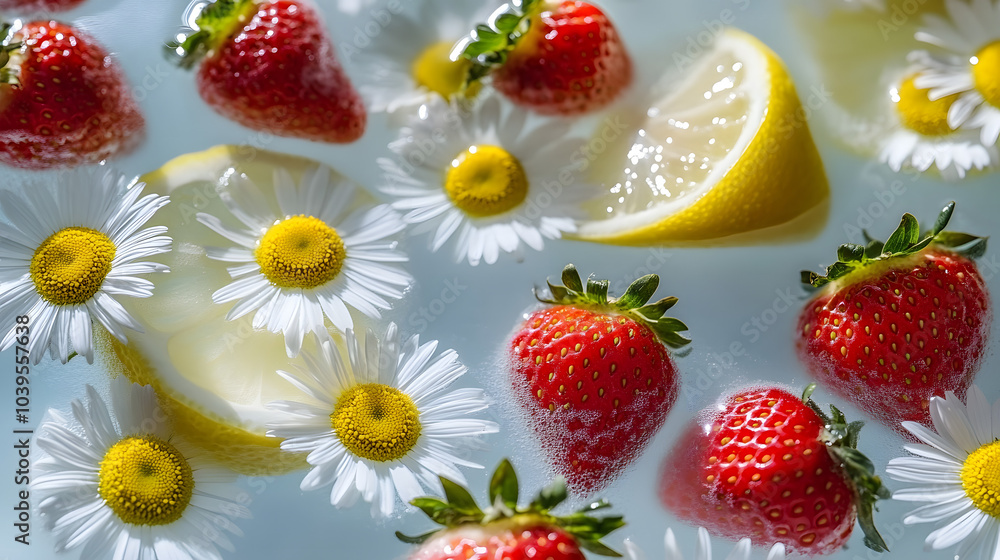 Aufkleber fresh strawberries and lemon slices float on a tranquil surface adorned with daisies, creating a vib