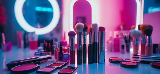 A makeup vanity with brushes, lipstick, and foundation in front of a neon mirror.