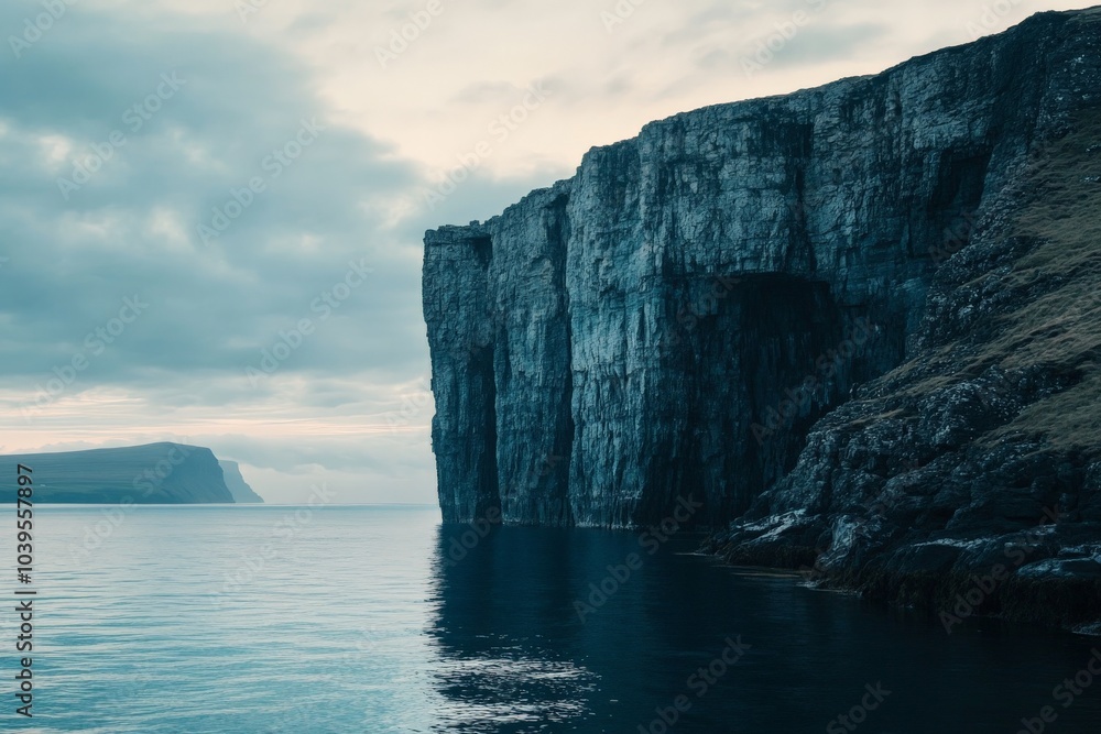 Poster expansive rugged cliffs stand proudly by tranquil waters, all bathed in the soft glow of the setting