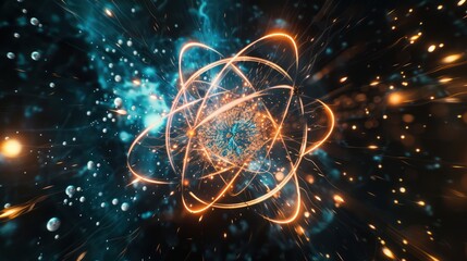 Atomic Structure Visualization with Orange and Blue Light Trails