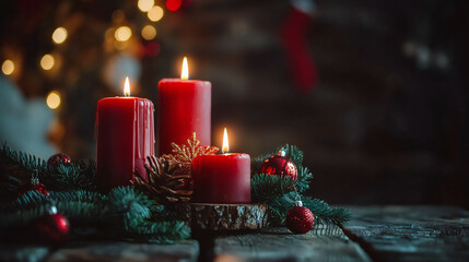 A row of candles on a mantle, with some of them lit. The candles are in various sizes and colors, including red, yellow, and white. The scene has a warm and cozy atmosphere