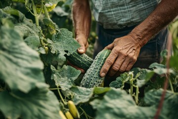 Obraz premium A farmer carefully plucks ripe, green cucumbers from dense foliage, highlighting a hands-on approach to sustainable agriculture within a verdant garden environment.