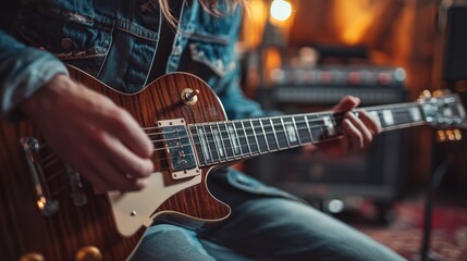 A man is playing a guitar in a room with a blue jacket on