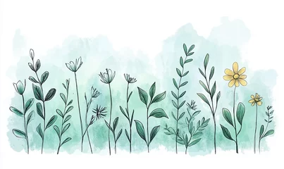 wide horizontal image, leaf design background wallpaper with green color plants painted in watercolour style in white background and blank empty copy space   