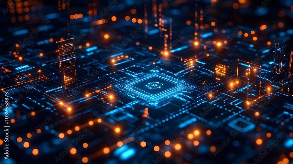 Poster Futuristic cyberpunk-inspired circuit board landscape with a dynamic matrix of glowing lights,interconnected digital patterns,and a vibrant,high-tech aesthetic.