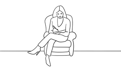 Girl psychologist writes continuous line art drawing isolated on white background. Psychiatry session. Vector illustration	 