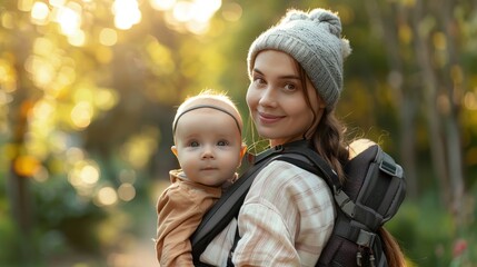 Obraz premium Woman carrying baby on her back in a forest during golden hour.