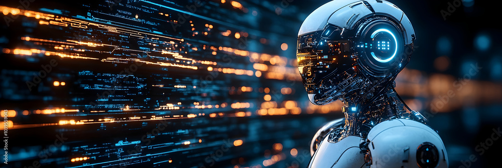 Poster futuristic cyborg figure with metallic body and illuminated components against a dynamic digital bac