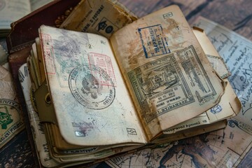 Vintage passport open showing visa stamps from international travel to foreign countries