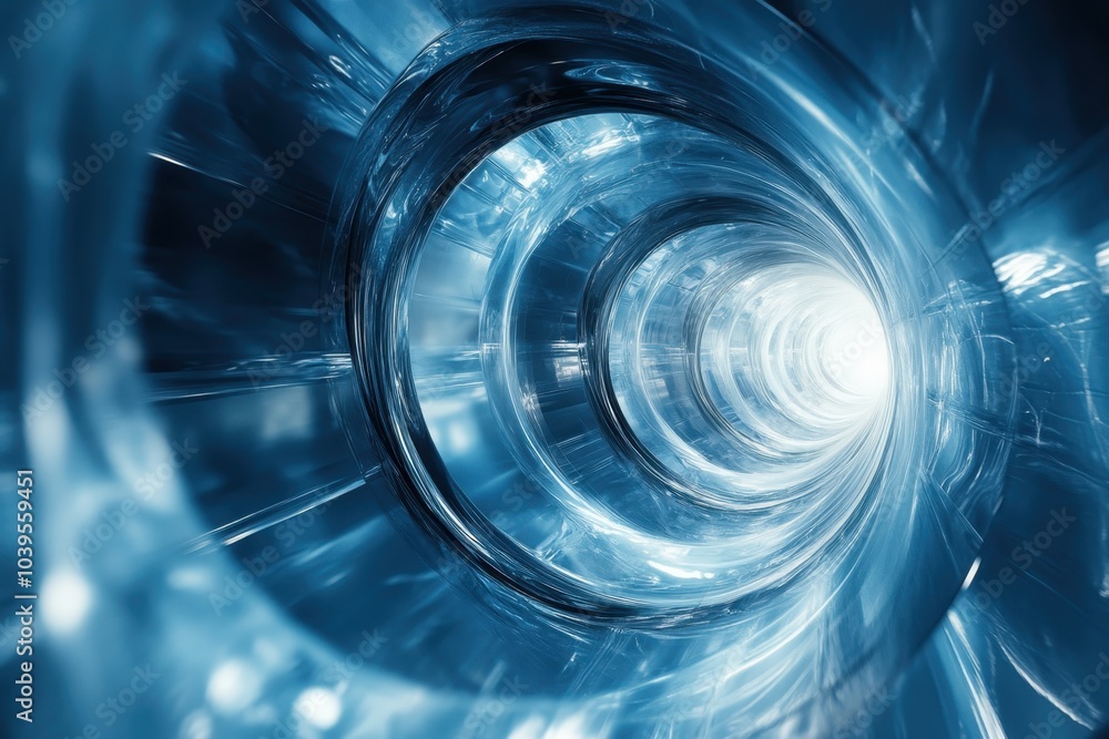Poster illuminated tunnel of light with swirling blue patterns representing motion and depth