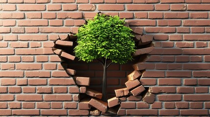 A green tree breaks through a brick wall, symbolizing resilience and nature overcoming obstacles in a vibrant urban setting.