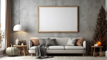 Modern minimalist wall art mockup of scandinavian living room for Halloween, blank frame for wall art mockup of sofa living room, Halloween and Christmas spooky scary vibes of the room interior design