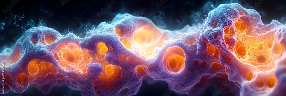 Poster Glowing Cosmic Energy Burst Abstract Digital Background. Mesmerizing futuristic energy explosion with dynamic plasma particles and fiery flames. Captivating digital art and science visualization.