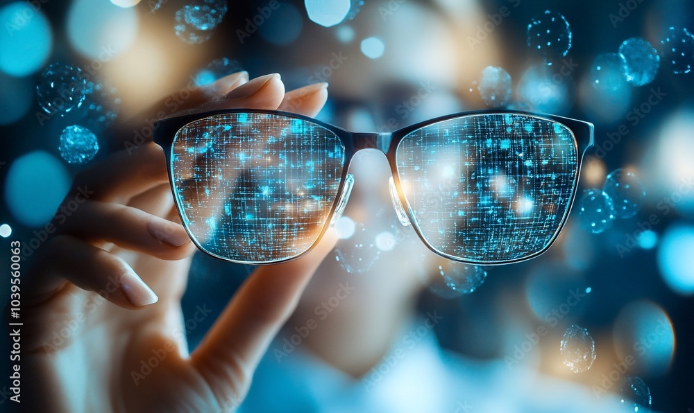 Poster a person holds up a pair of glasses with a digital pattern reflecting in the lenses, symbolizing aug