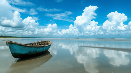 Obraz premium Serene tropical beach with a boat on shore at sunset.