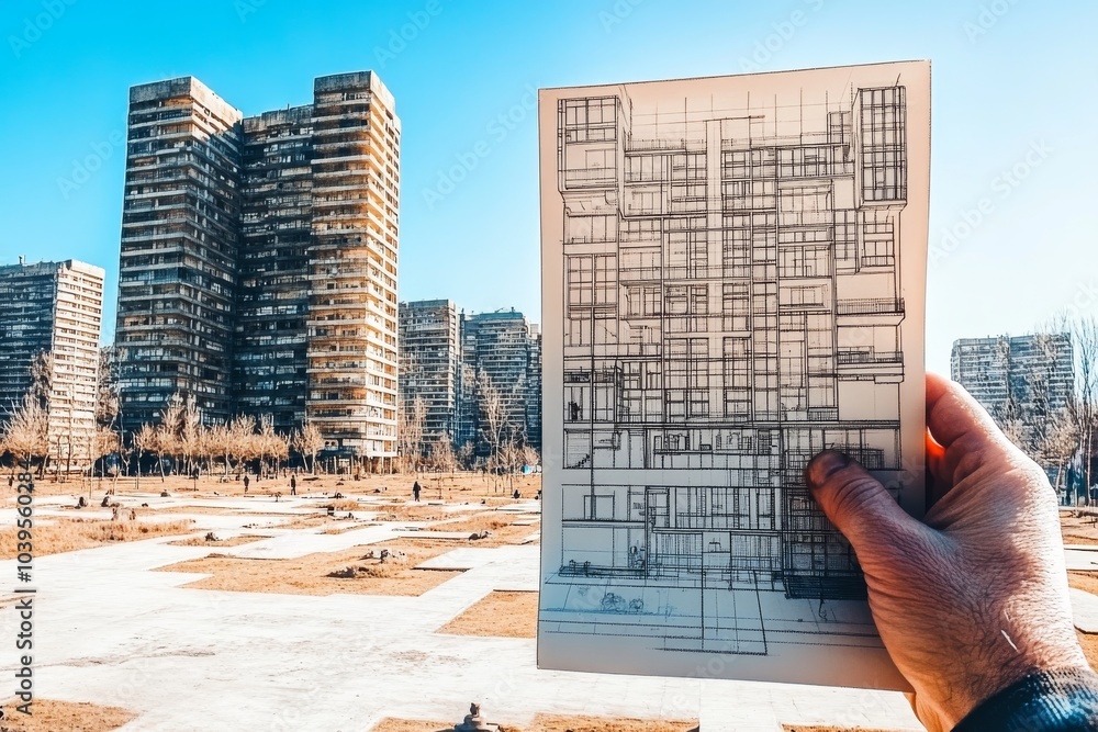 Poster blueprint of a futuristic urban development in a dry desert like setting representing modern archite