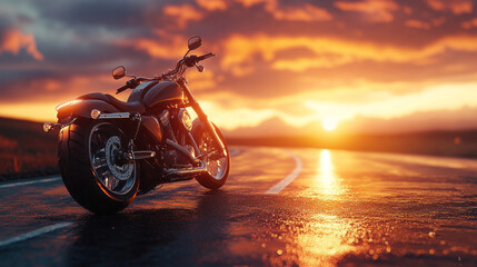 A motorcycle is parked on a wet road at sunset. The scene is serene and peaceful, with the motorcycle as the focal point