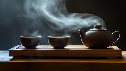Obraz premium Steam rising from teapot and cups on wooden tray with copy space for tea ceremony setting