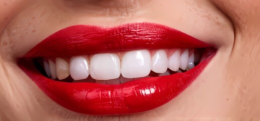 Obraz premium Close up of a woman smiling with a perfect white smile. Happiness and beauty with perfect teeth, red lips, and skin care.