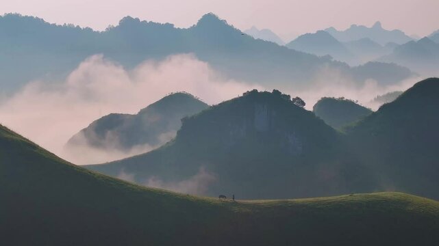 Blue sky and fresh morning. A peaceful, refreshing feeling. View of the hills surrounding Ba Quang, Ha Lang district, Cao Bang province, Vietnam