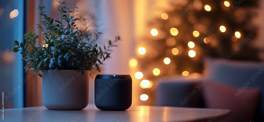 Aufkleber a potted plant and a black speaker sit on a table in front of a blurred background with a christmas 