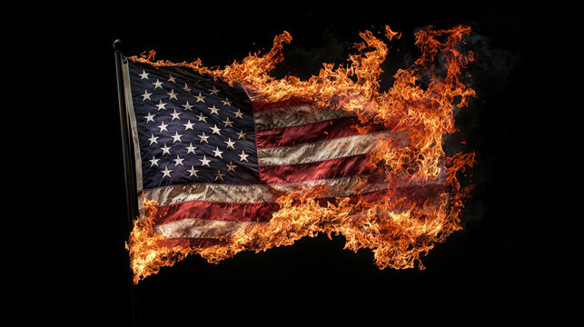 American flag is engulfed in flames, creating striking and intense visual. flames dance around fabric, symbolizing powerful and controversial image