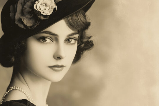 Retro vintage image portrait of a young caucasian woman in 1920s wearing an elegant dress and a hat