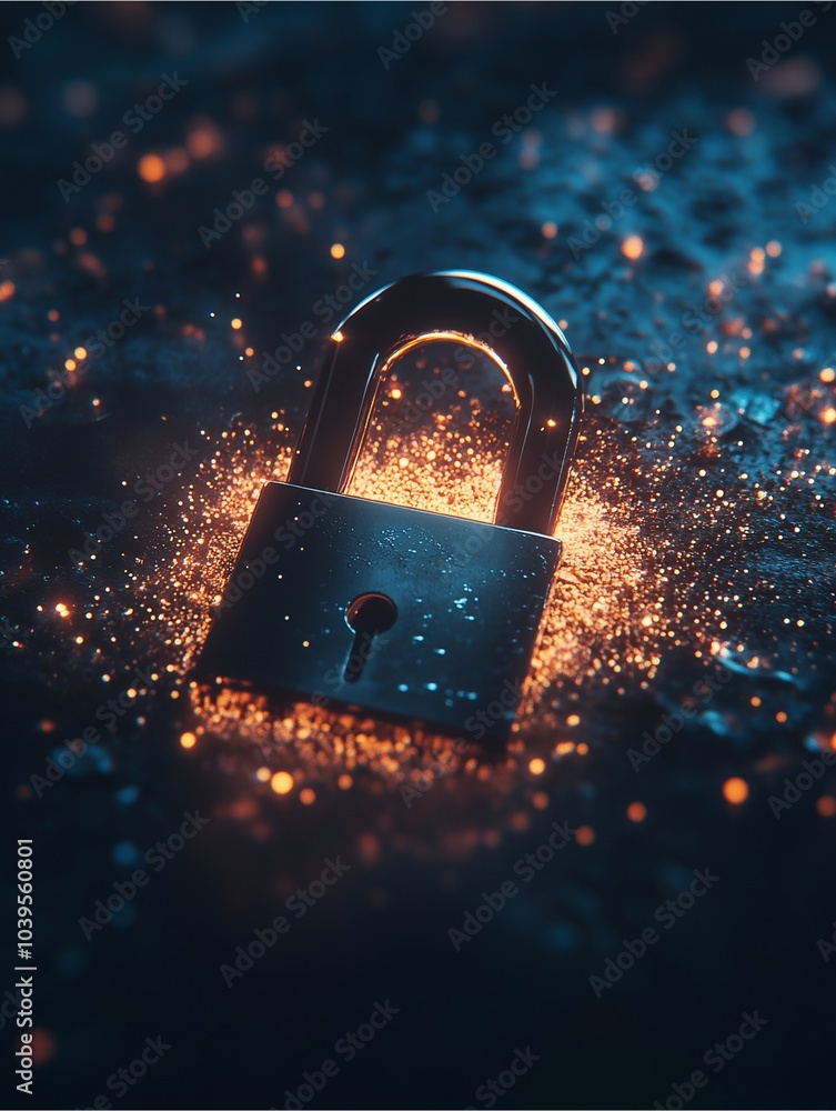 Poster golden padlock securing computer keys, a symbol of digital security and privacy
