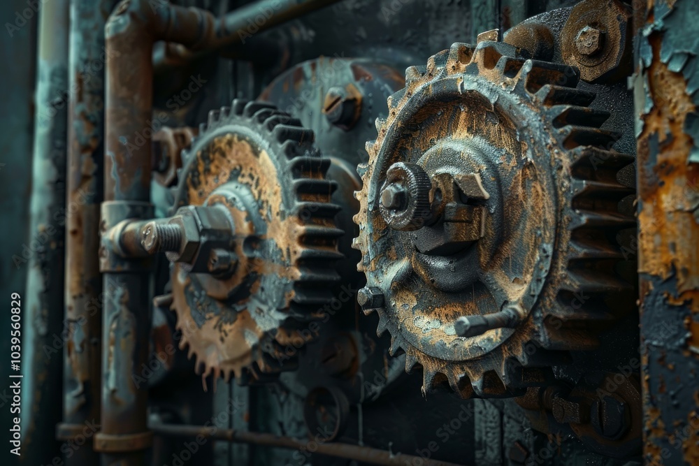 Poster two rusty gears are connected and showing their age in an abandoned factory
