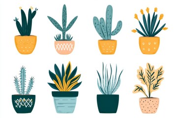 Fun collection of modern potted plants with unique geometric patterns on ceramic pots perfect for creative home decor stylish plant displays or eco conscious design projects