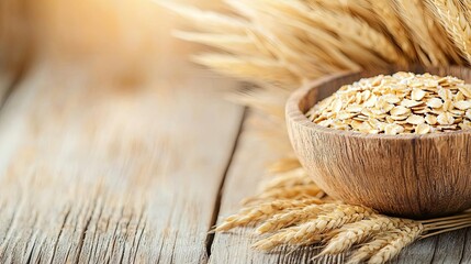 Bowl of oats surrounded by wheat on a rustic wooden table.