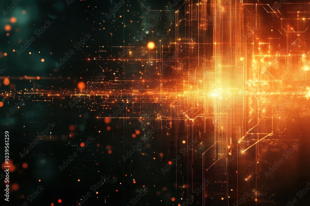 Poster vivid orange lines and particles create an energetic abstract composition against a dark background