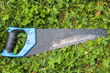 Old hand saw for a tree lies on the green grass