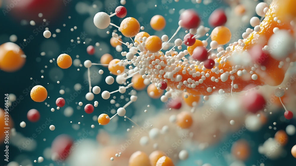 Poster abstract sphere symphony: a mesmerizing 3d render of vibrant spheres, interconnected and suspended i