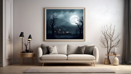 Modern minimalist wall art mockup of scandinavian living room for Halloween, blank frame for wall art mockup of sofa living room, Halloween and Christmas spooky scary vibes of the room interior design