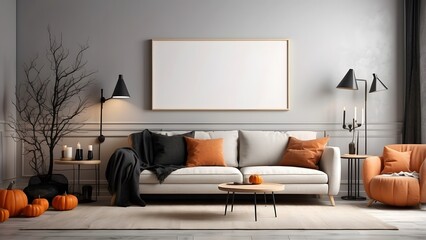 Modern minimalist wall art mockup of scandinavian living room for Halloween, blank frame for wall art mockup of sofa living room, Halloween and Christmas spooky scary vibes of the room interior design