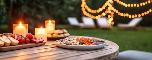 Fototapeta premium Outdoor dining setup with food, candles, and string lights on a wooden table.