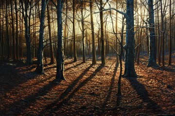 Obraz premium Sunlight shining through trees casting long shadows on the forest floor covered with dry fallen leaves