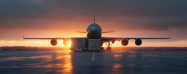Cargo plane loading at sunset on a rainy airport tarmac