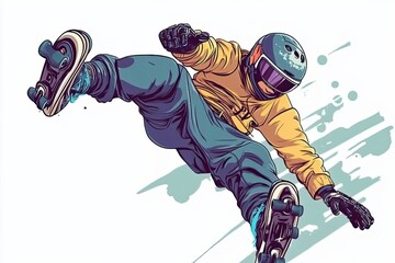A skateboarder in mid-air performing a trick wearing a helmet and gloves.