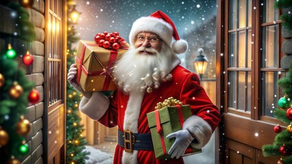 A santa holding gift boxes