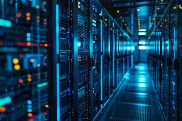 Server room equipped with modern hardware is illuminated with blue light