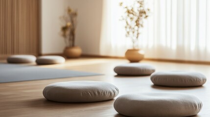 A soothing meditation session in a serene yoga studio, Meditation cushions arranged in a tranquil space, Mindfulness-inspired style