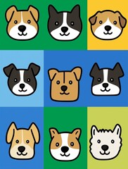 Fototapeta premium Set of cute cartoon dog faces smiling on colorful background