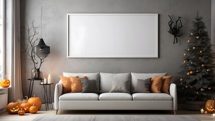 Modern minimalist wall art mockup of scandinavian living room for Halloween, blank frame for wall art mockup of sofa living room, Halloween and Christmas spooky scary vibes of the room interior design