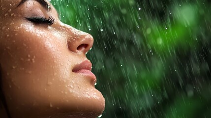 Fototapeta premium A woman's face, focused closely, with rain cascading down her visage, and trees framing the backdrop