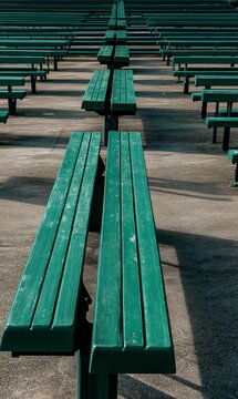 Green wooden benches in a row.