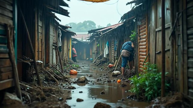 A makeshift home in a slum during a heavy rainstorm. The roof is leaking, and water is flooding the small, overcrowded space.