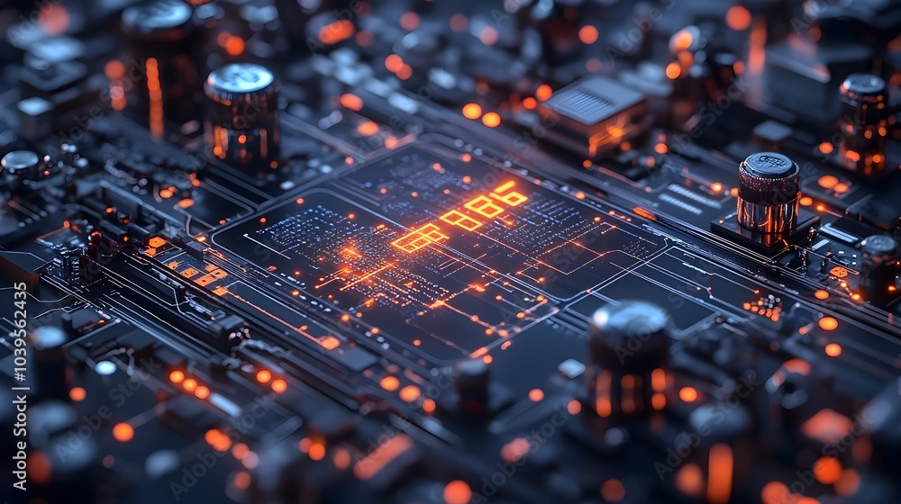 Poster Illuminated Circuit Board with Glowing Digital Microchips and High-Tech Electronics. Futuristic technology background with abstract patterns,lines,and shapes.